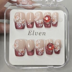 Floral Red Ombre Short Square Shape Handmade Press-On Nails